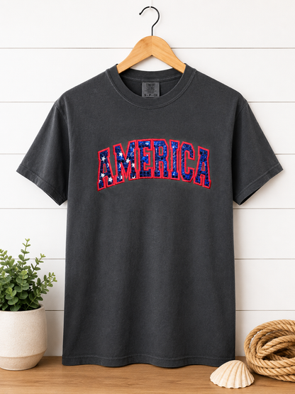 America Spangled Applique Embroidered T Shirt