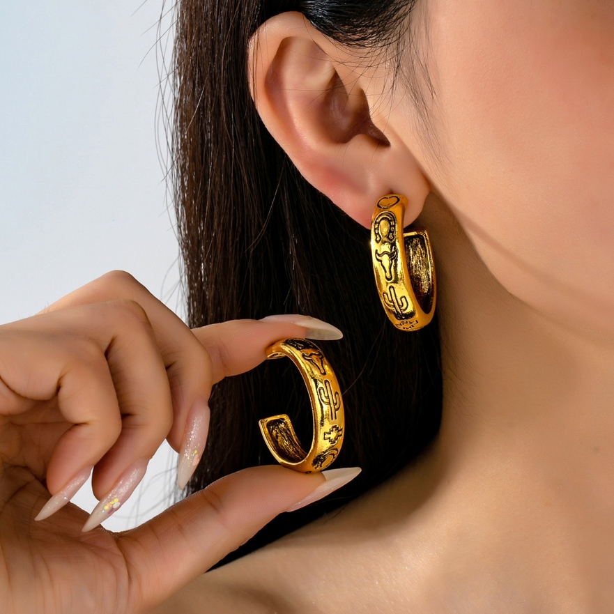 Western Icon Engraved Gold-Tone Hoop Earrings