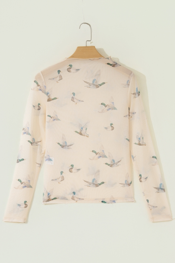 Western Mock Neck Print Mesh Sheer Long Sleeve Top
