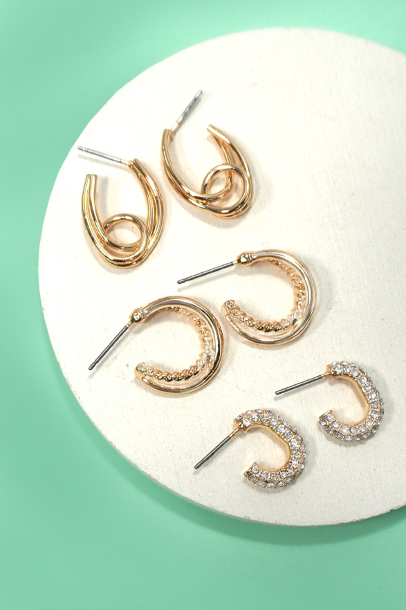 Trio Huggie Hoop Rhinestone Titanium Post Earrings