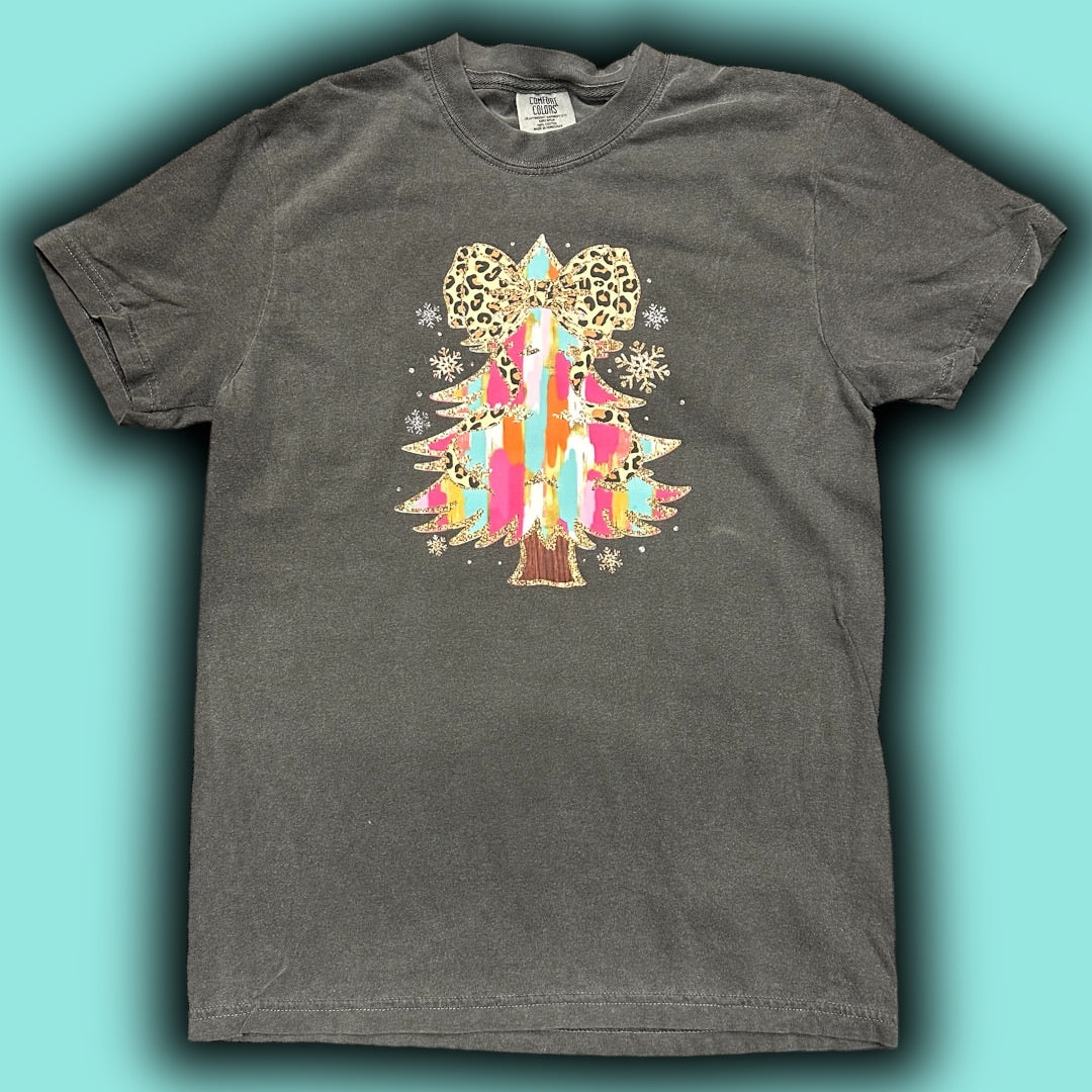 Christmas Tree Leopard Bow T-Shirt