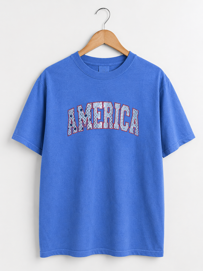 America Spangled Applique Embroidered T Shirt