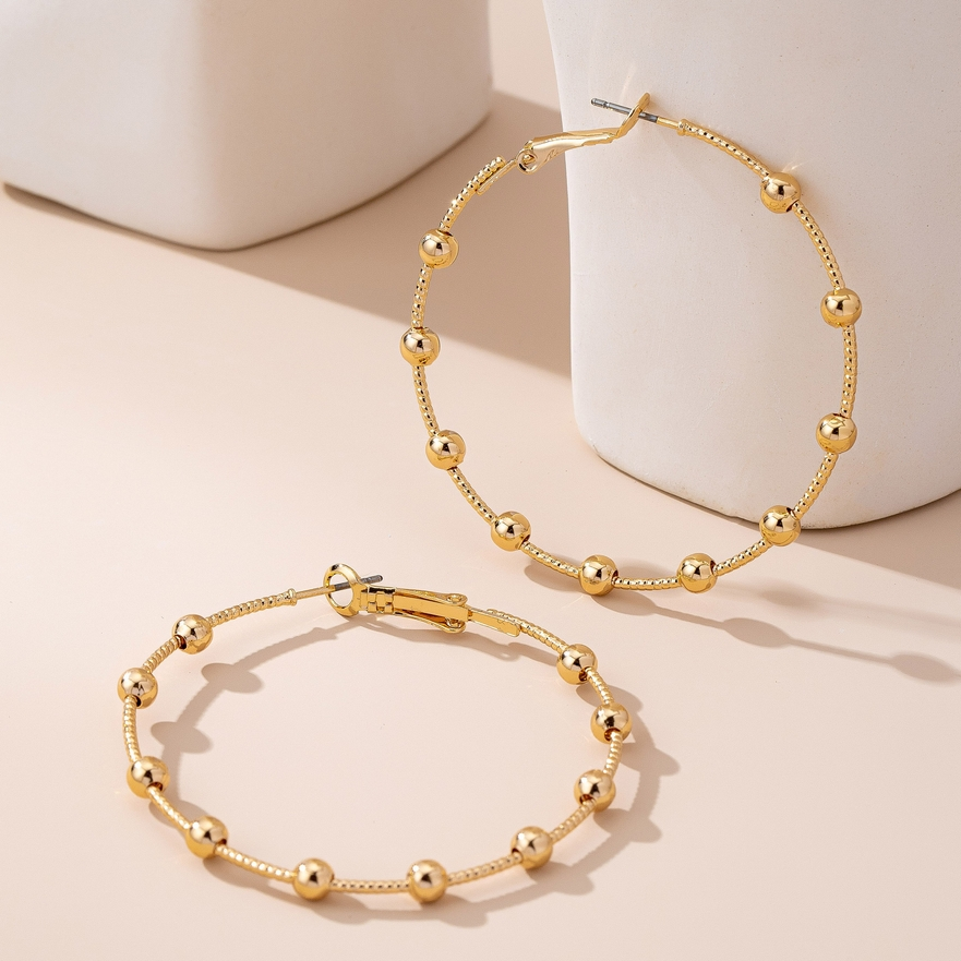 Classic Gold Ball Beaded Station Hoop Earrings