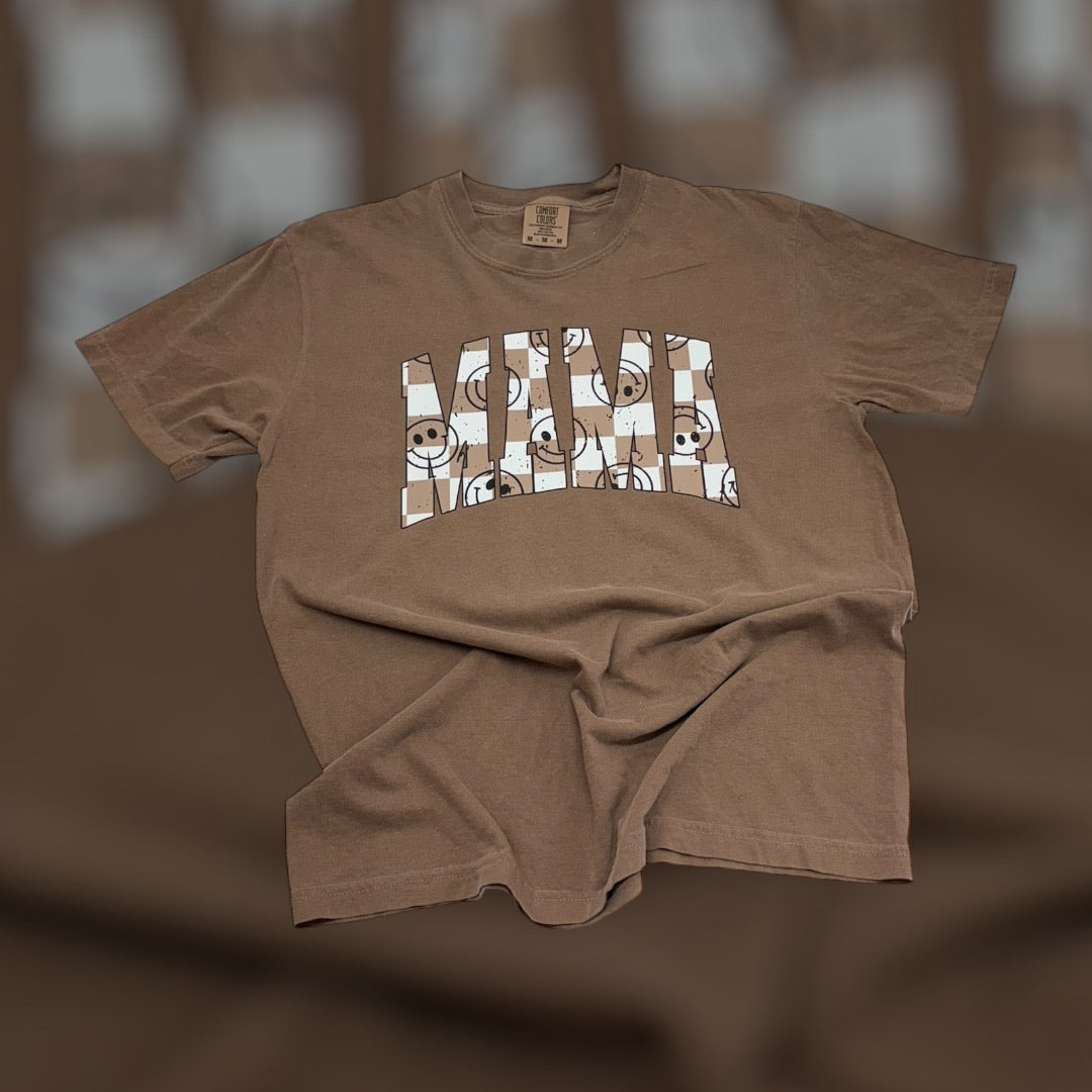 Mama Smiley Brown Checkered T-Shirt
