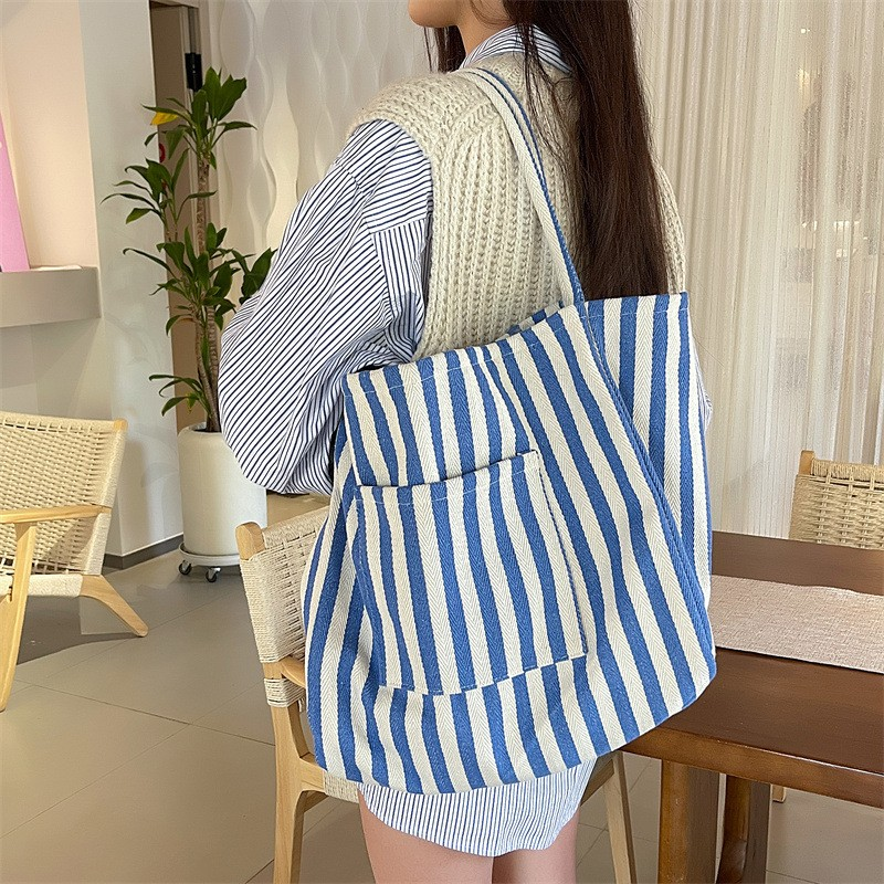 Striped Trending Double Pocket Tote Bag