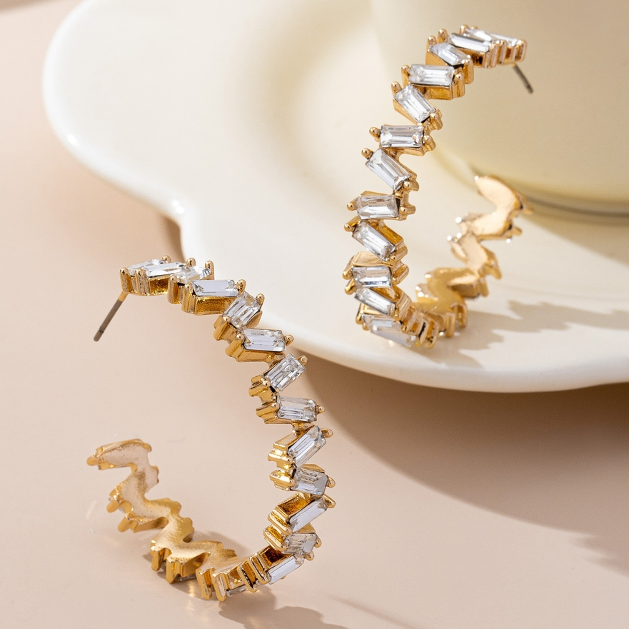 Baguette Crystal Zigzag Gold Hoop Earrings