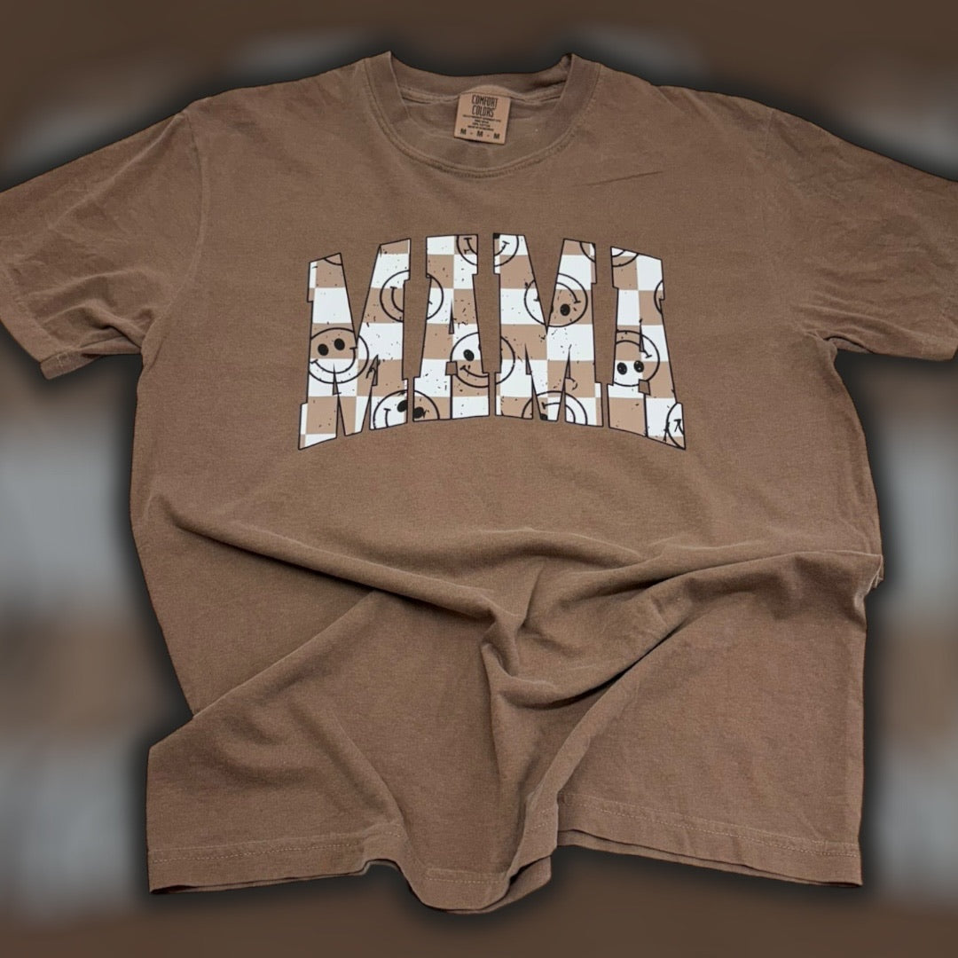 Mama Smiley Brown Checkered T-Shirt