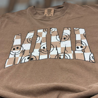 Mama Smiley Brown Checkered T-Shirt