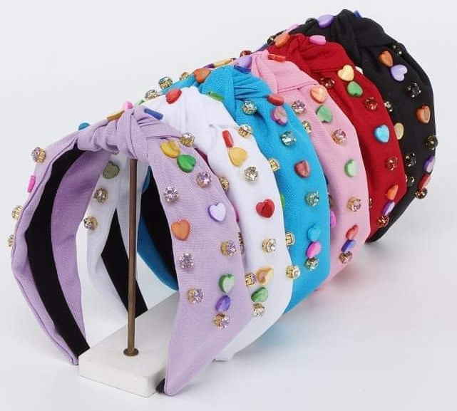 Solid Headbands with Hearts & Rhinestones