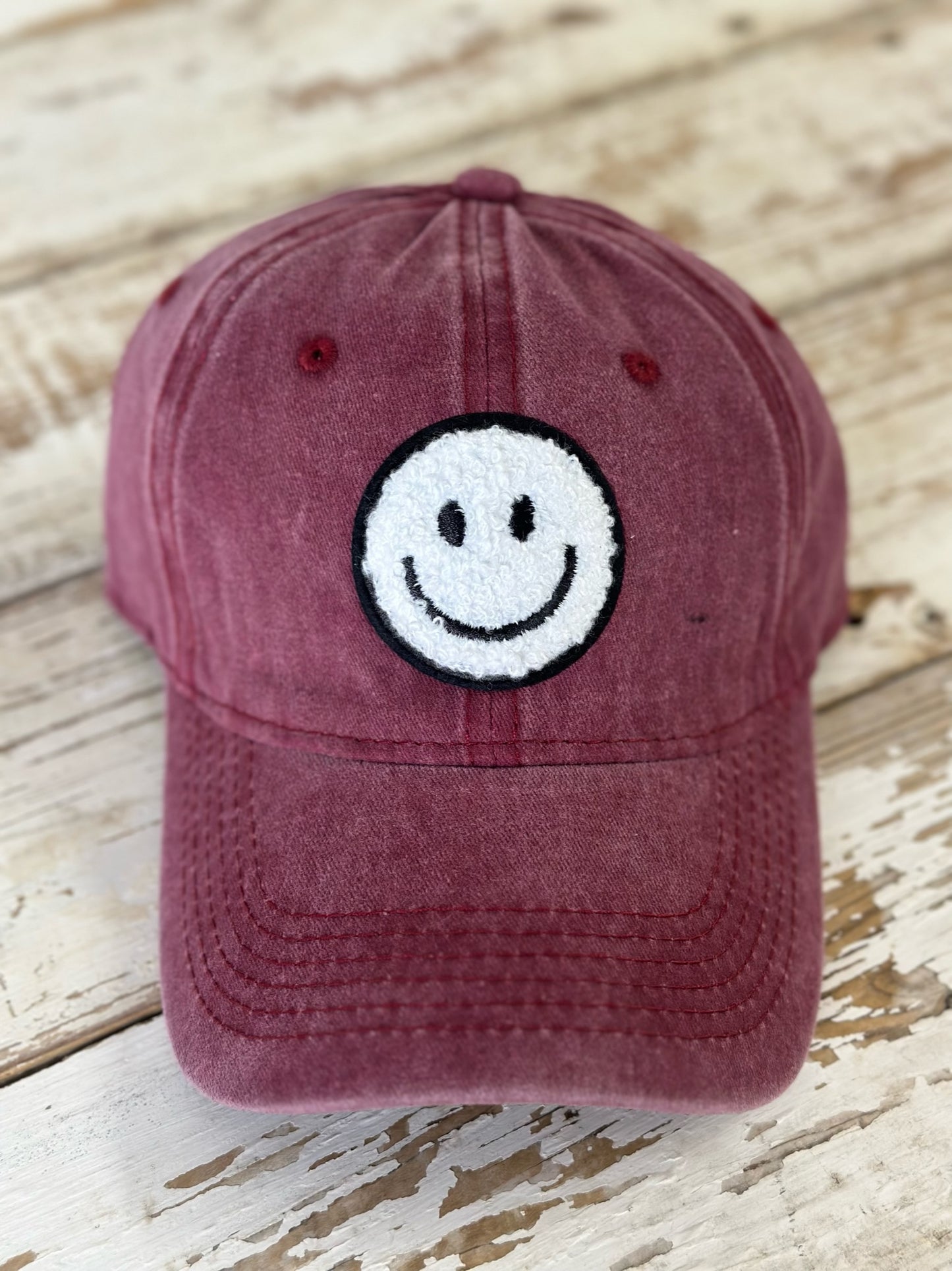 Chenille Smiley Face Patch Baseball Hat