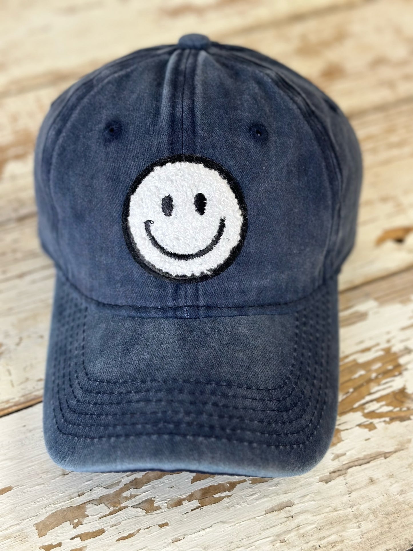 Chenille Smiley Face Patch Baseball Hat