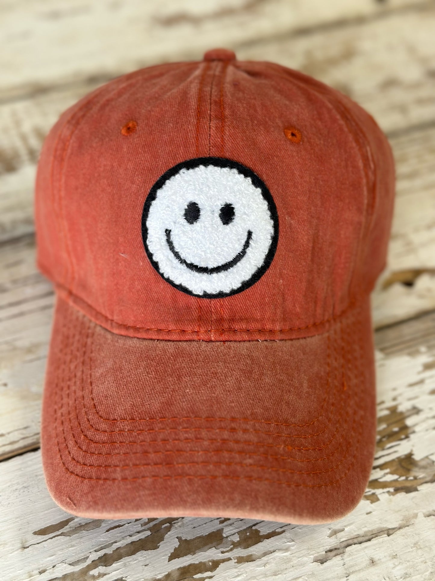 Chenille Smiley Face Patch Baseball Hat