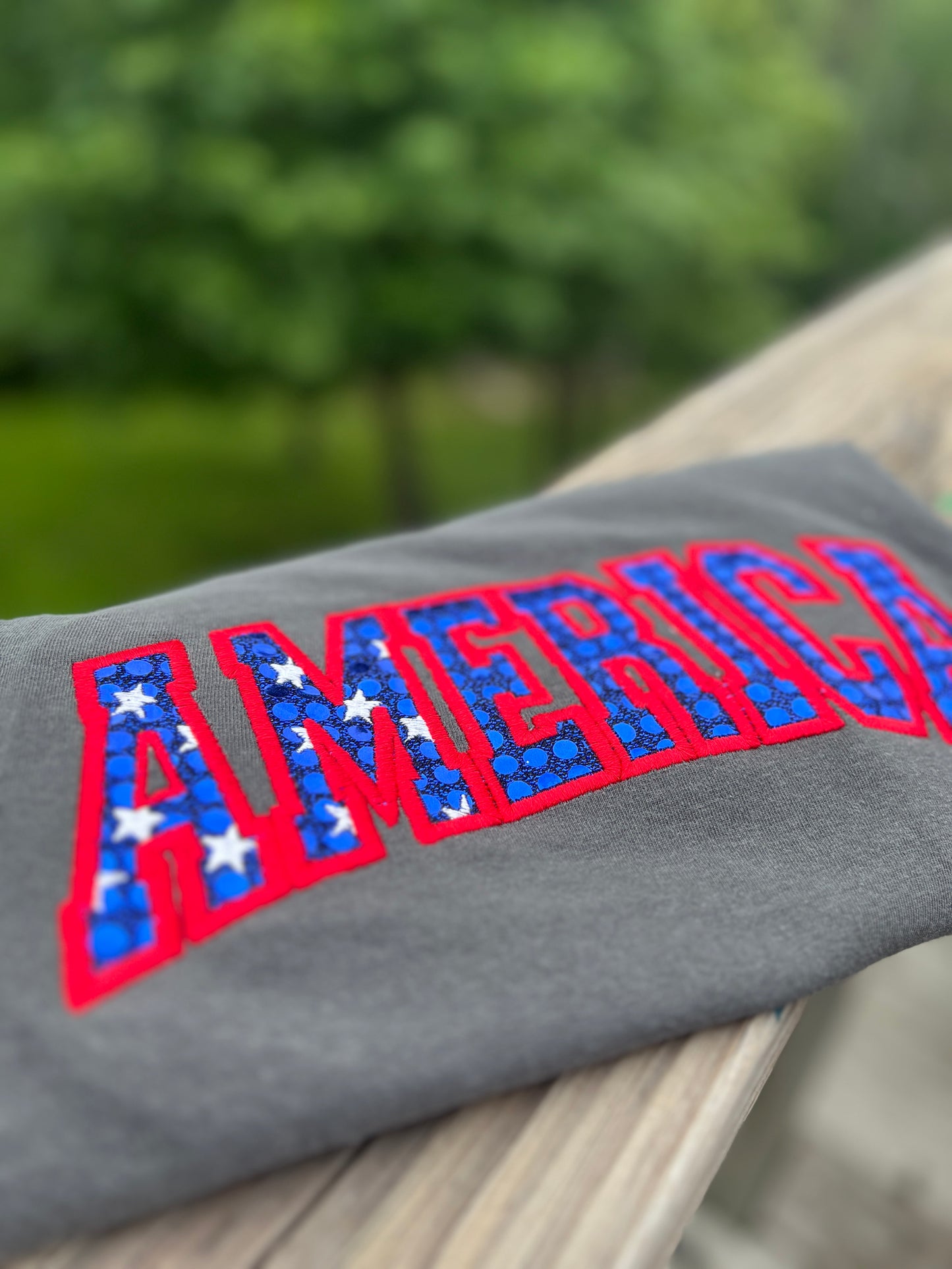 America Spangled Applique Embroidered T Shirt