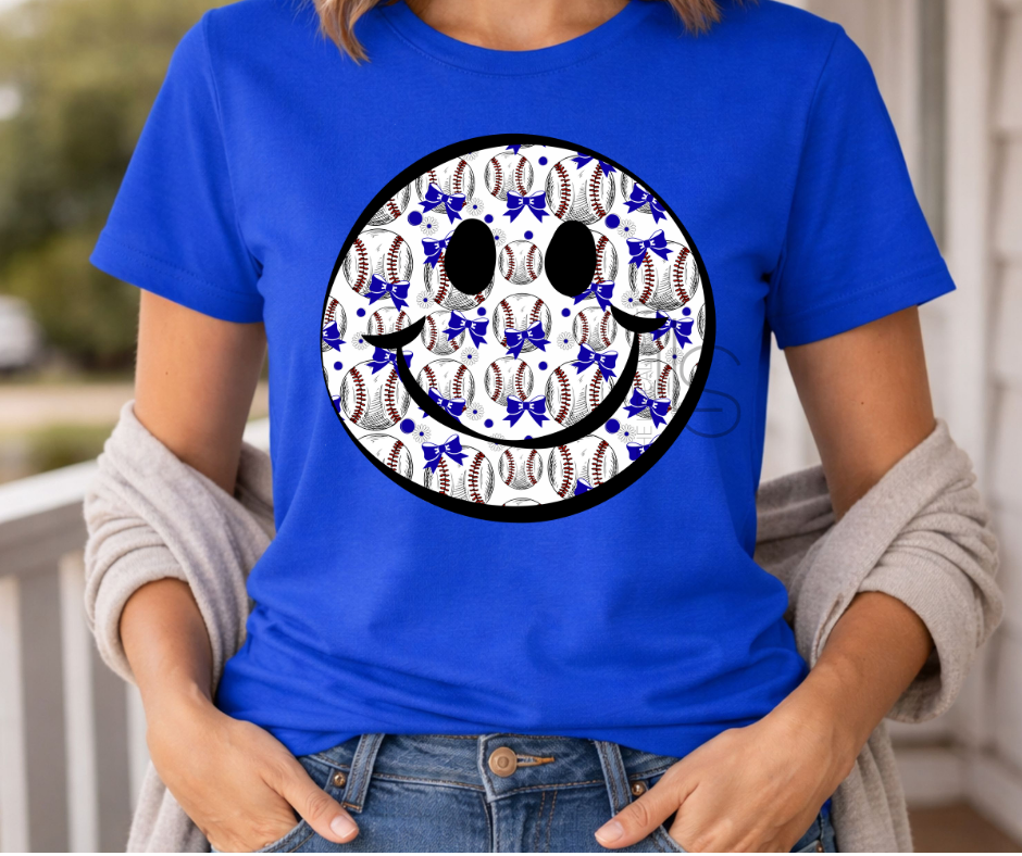 Baseball Blue Bow Smiley Custom T-Shirt