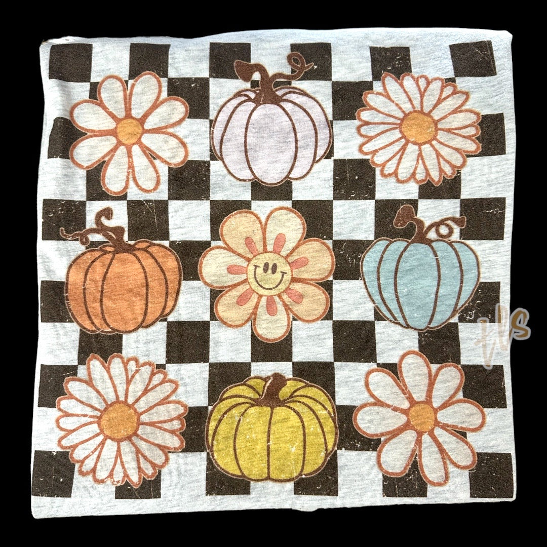 Retro Fall Flowers & Pumpkin Checkered T-Shirt