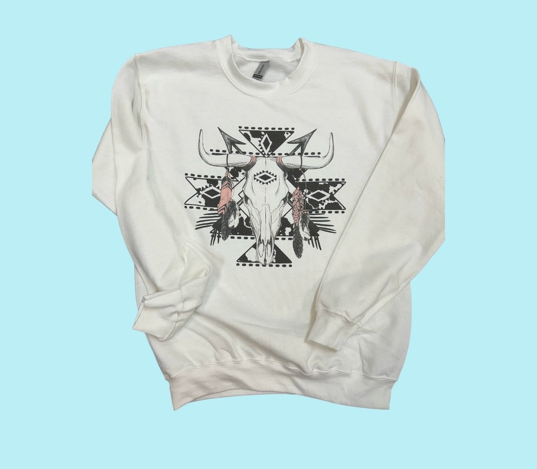 Aztec Bull with Feathers Western Sweatshirt