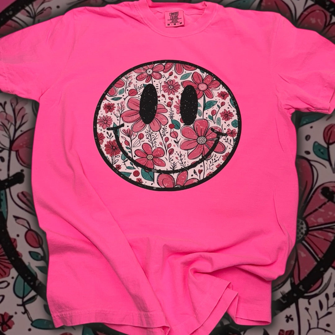 Floral Smiley Neon Pink T-Shirt