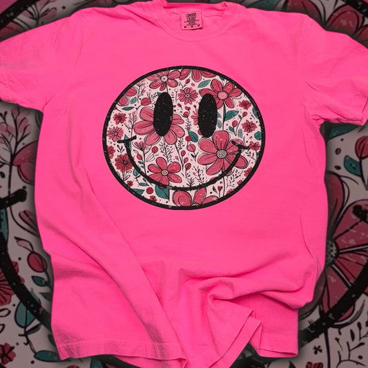 Floral Smiley Neon Pink T-Shirt