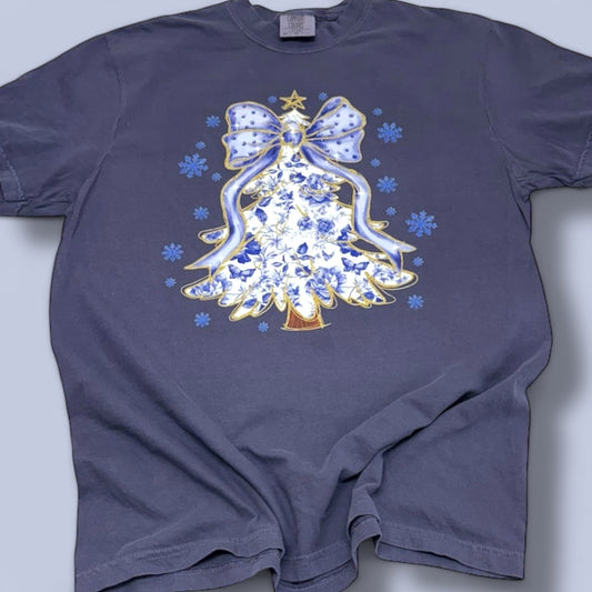 Blue Floral Christmas Tree T-Shirt