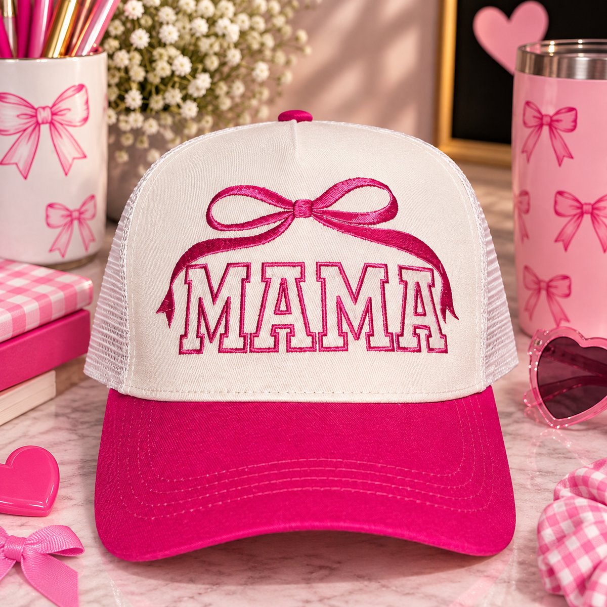 MAMA Bow on Top - Structured Mesh Embroidered Hat