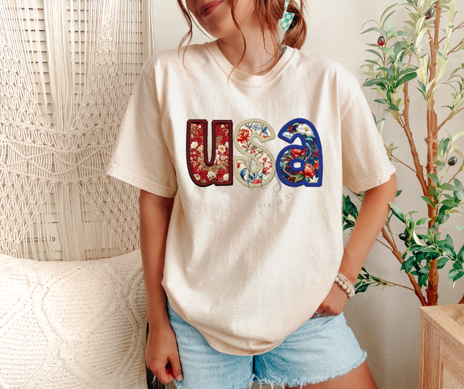 USA Floral Faux Embroidery Custom Exclusive T-Shirt