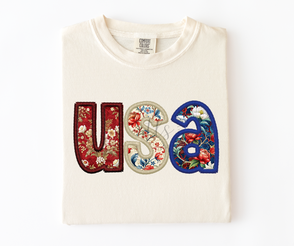 USA Floral Faux Embroidery Custom Exclusive T-Shirt