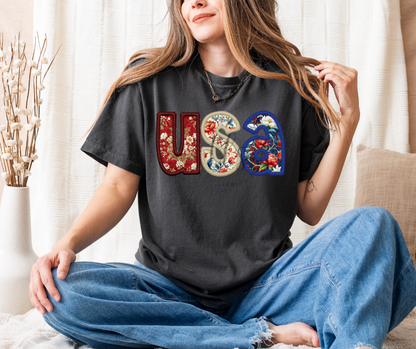 USA Floral Faux Embroidery Custom Exclusive T-Shirt