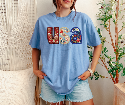 USA Floral Faux Embroidery Custom Exclusive T-Shirt