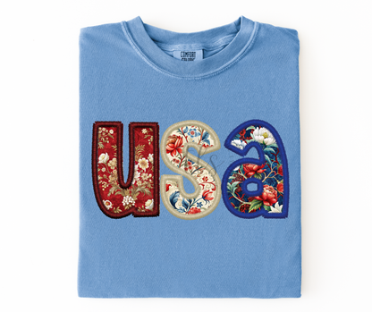 USA Floral Faux Embroidery Custom Exclusive T-Shirt
