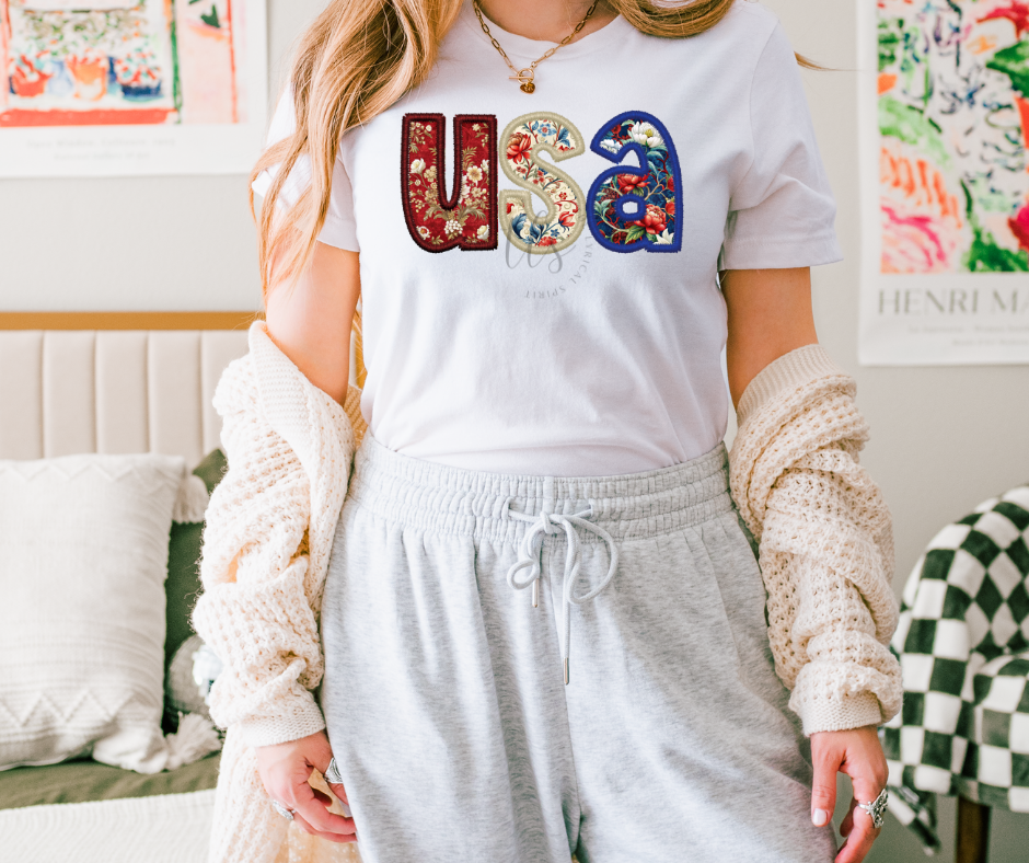 USA Floral Faux Embroidery Custom Exclusive T-Shirt