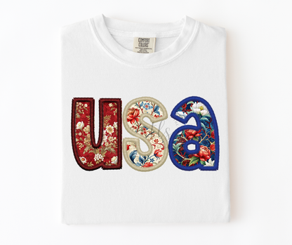 USA Floral Faux Embroidery Custom Exclusive T-Shirt