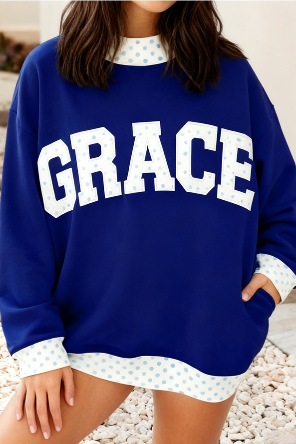 Grace Letter Graphic Baggy Mock Neck Sweatshirt