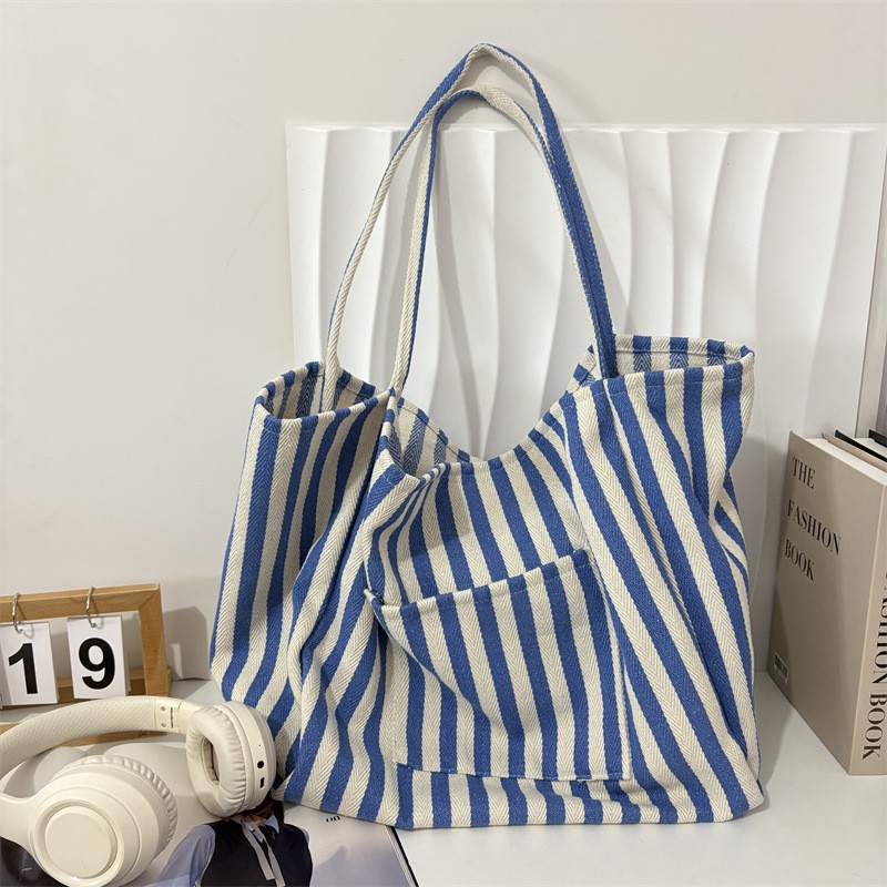 Striped Trending Double Pocket Tote Bag