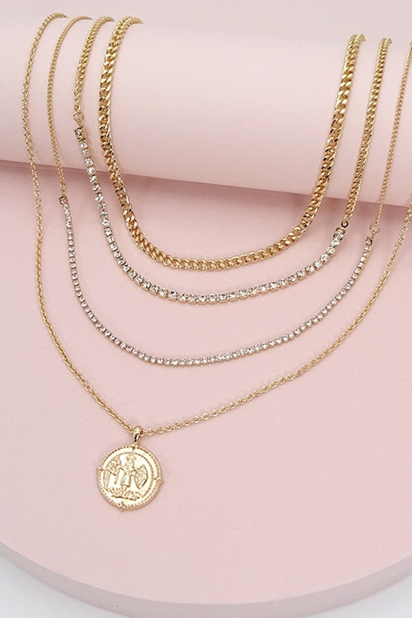 Double Rhinestone Chain Coin Drop Layer Necklace