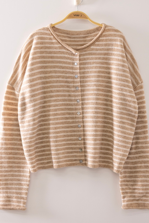 Button Down Stripe Sweater - Tan