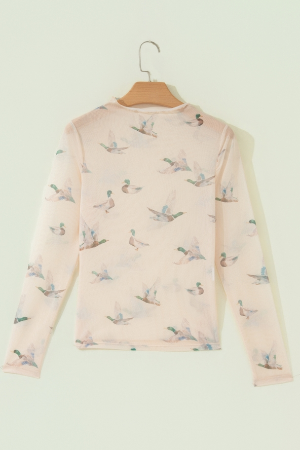 Western Mock Neck Print Mesh Sheer Long Sleeve Top