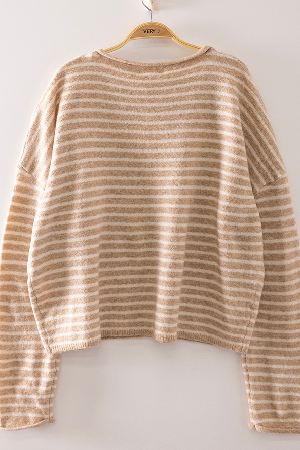 Button Down Stripe Sweater - Tan
